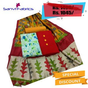 Cotton Dress Material with Silk Kalamkari Dupatta - Red